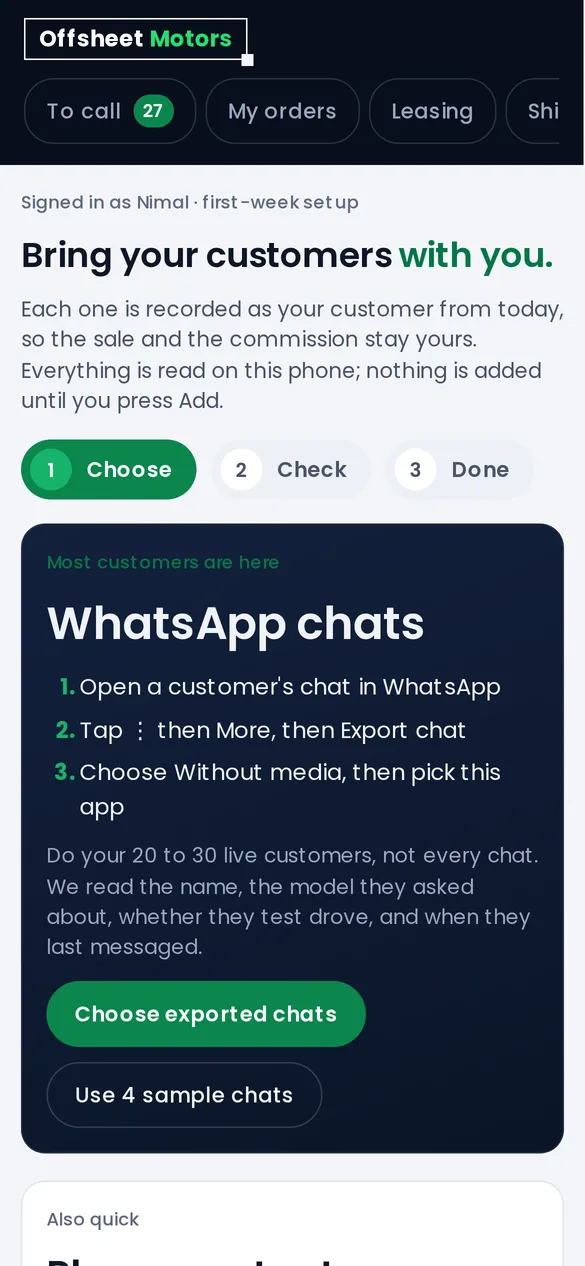Bring customers in from exported WhatsApp chats and phone contacts