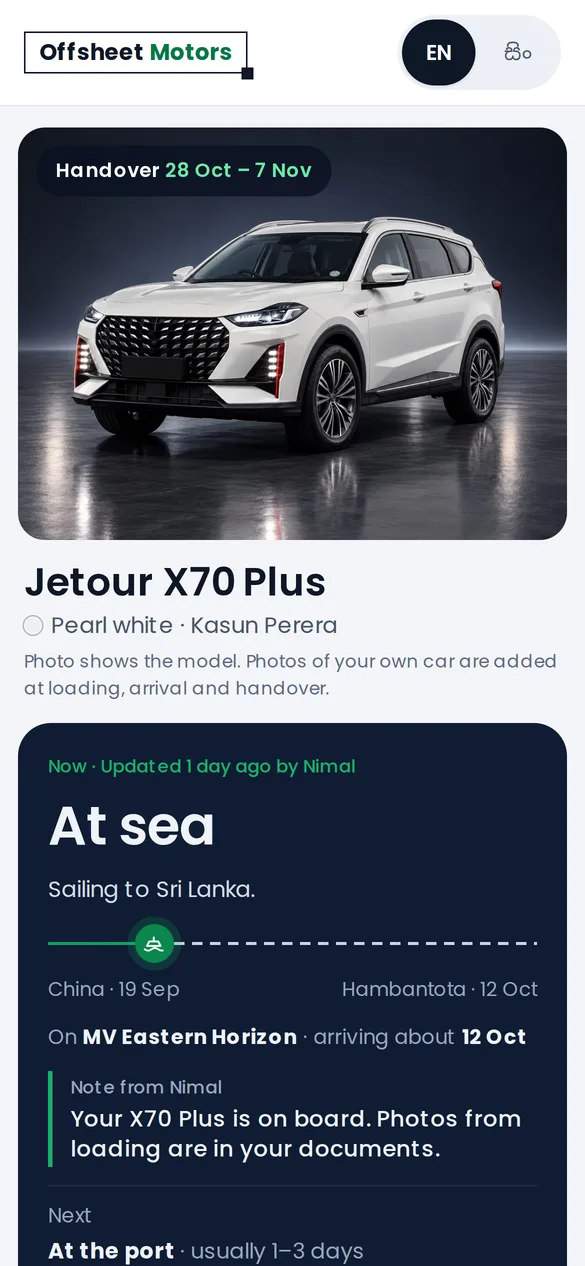 A customer's own page showing their car at sea and the expected handover